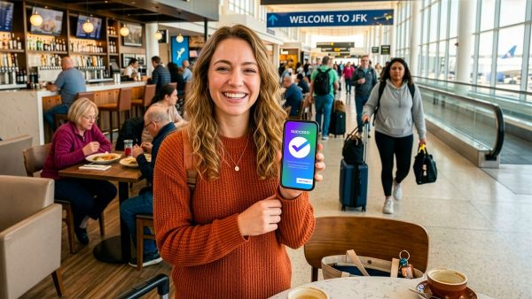 Lächelnde Frau am Flughafen – zeigt Handy mit installierter Lumisim App.