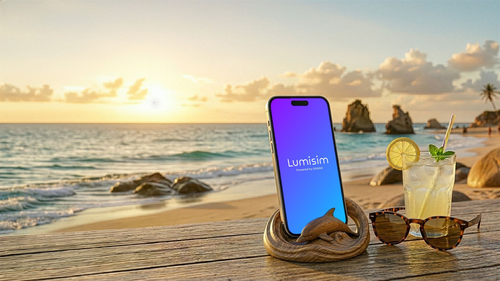 Telefon mit Lumisim App auf dem ersten Plan – Strand im Hintergrund